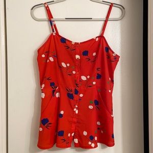 Red floral silk button down top